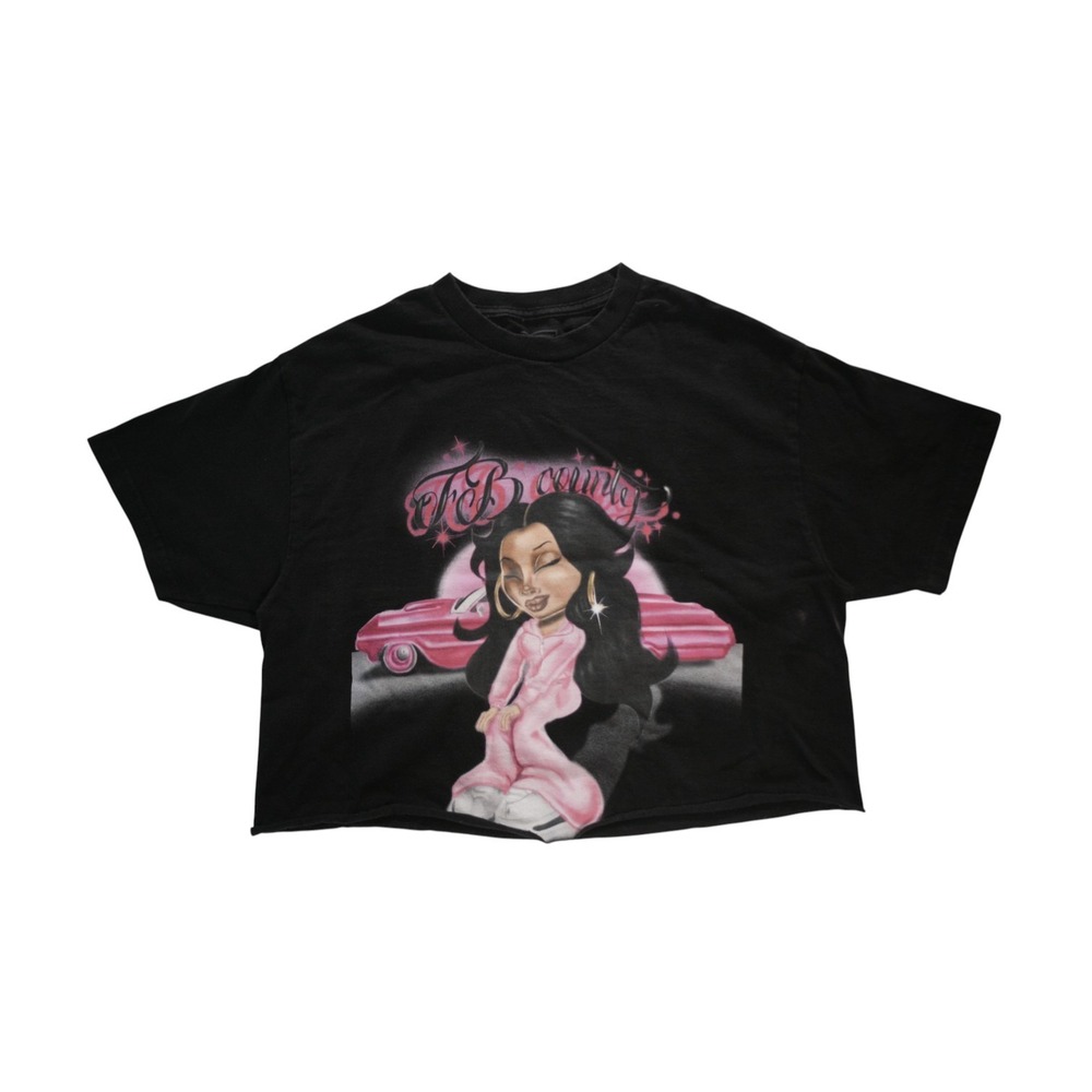 FB County Chicana Streetwear Lowrider T-Shirt Y2K Women L Cropped Black Pink Car